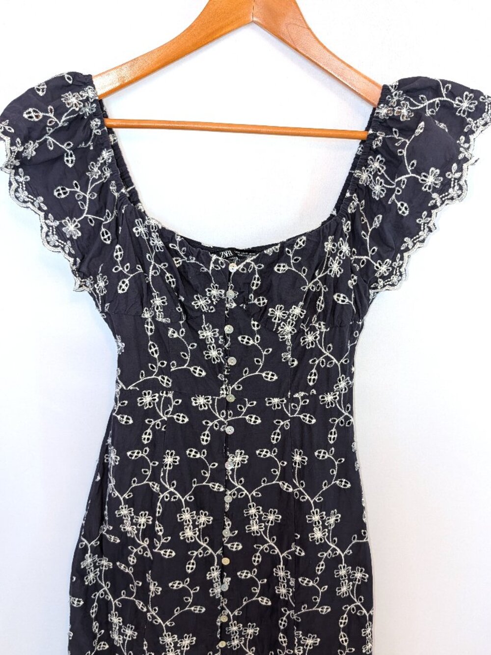 Zara | Cotton Embroidered Eyelet Midi Dress Navy & White | Size XS - Picture 6 of 12
